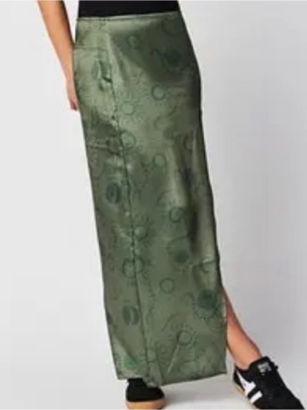 Free People 12 Skirt Serena Slim Maxi celestial green olive combo satin slit